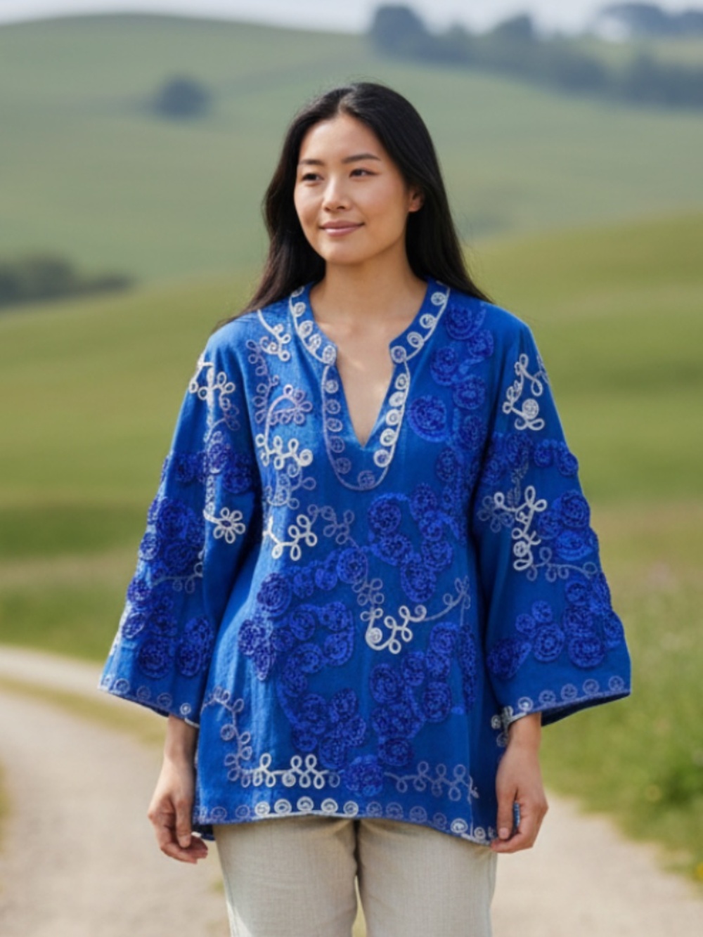 Lauren Michelle 1X 16 18 Top Tunic Shirt Floral Embroidered Blue White Romantic